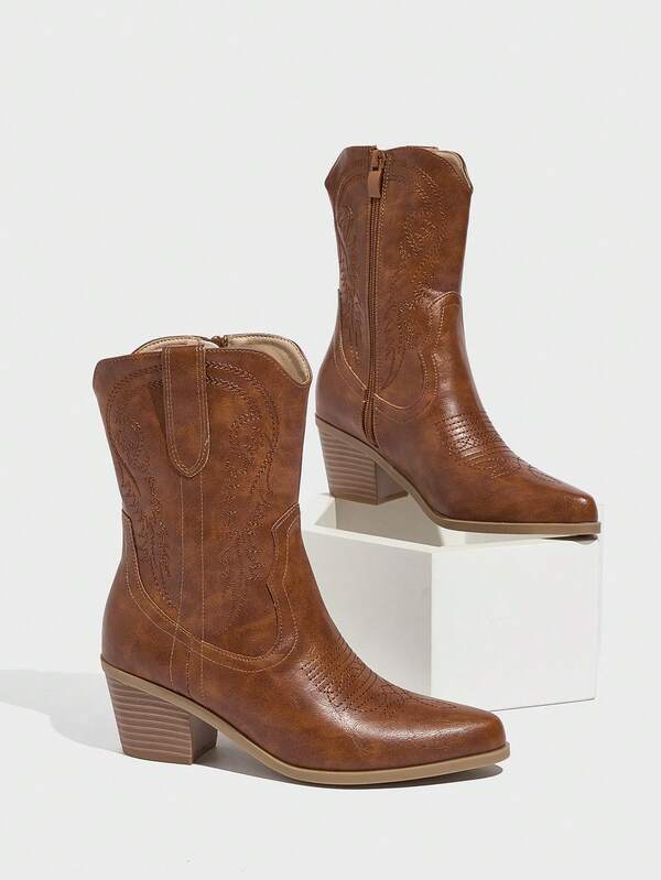 Daringsoles Women's Brown PU Leather Casual Outdoor Western Style Mid-Calf Boots, Side Zip, Embroidered, American Style Short Boots, Versatile, Pointed Toe, Block Heel