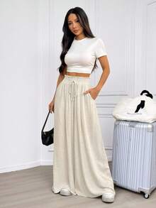 SHEIN PETITE 教师服装休闲舒适亚麻面料杏色阔腿裤，配有松紧腰带和口袋，适合日常休闲穿着，适合老款风格女士夏装教师服装女士亚麻亚麻裤阔腿裤女士宽松裤亚麻裤女士阔腿亚麻裤亚麻夏季裤 - 杏色 - 查看 3