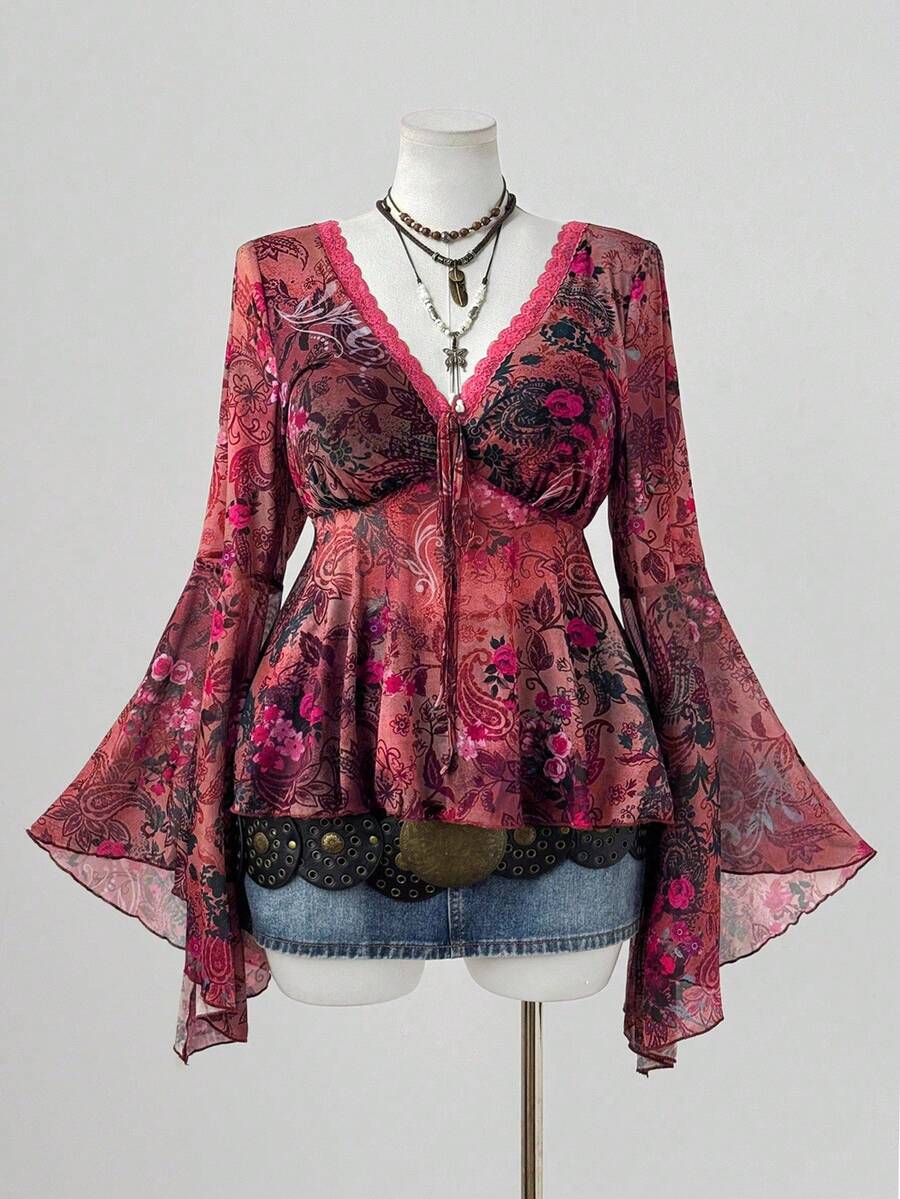 Sunspun Blusa holgada de mujer talla grande con estampado floral de anacardo, cuello en V, volantes y mangas acampanadas - Multicolor - Ver 1