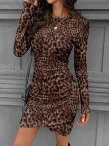 SHEIN LUNE Váy ngắn tay dài họa tiết da báo ôm sát eo, thanh lịch, dáng ôm, dành cho nữ, mùa thu/đông - Nhiều màu - Xem 3