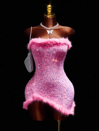 Amplova 女式串珠刺绣迷你吊带连衣裙，粉色，适合派对，超高开衩裙，可爱性感，秋冬保暖