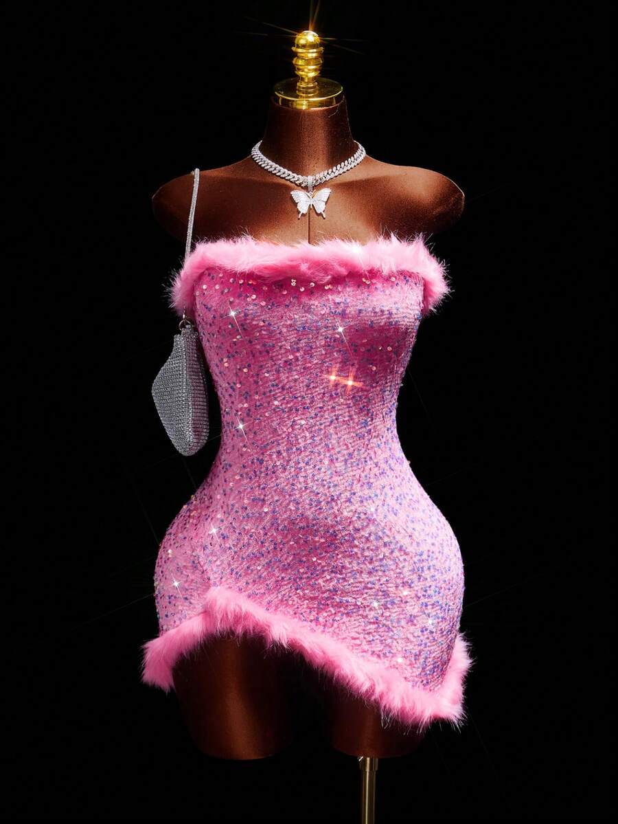 Amplova 女式串珠刺绣迷你吊带连衣裙，粉色，适合派对，超高开衩裙，可爱性感，秋冬保暖 - 彩色 - 查看 1