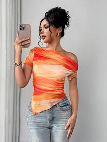 Elenzga Women's New Fashion Tie-Dye Print Asymmetric-Shoulder Short Sleeve T-Shirt - Orange - View 4