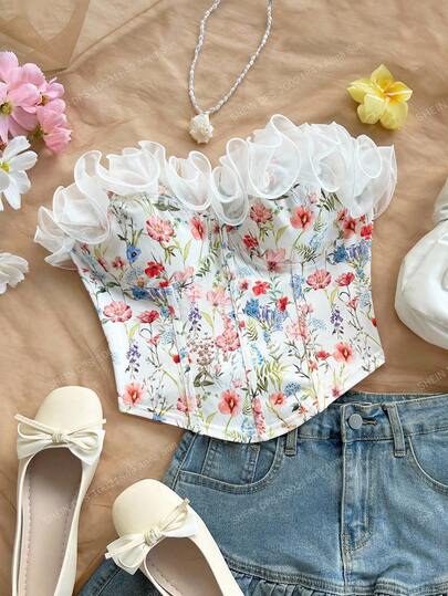 Soleia Floral  Women's Floral Print Ruffle Hem Bandeau Top