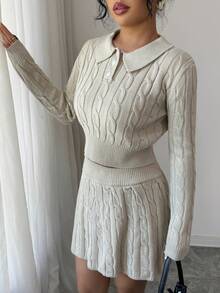SHEIN Elenzya 女式 Polo 领半拉链纽扣短款长袖上衣搭配麻花针织百褶迷你裙两件套毛衣套装，秋冬 - 杏色 - 查看 4