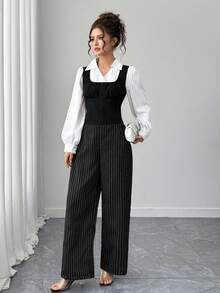 Bộ 2 chiếc áo sơ mi sọc đen trắng cho bé gái tuổi teen có thiết kế cổ polo tay dài + quần ống đứng cạp cao sọc đen thường ngày, phù hợp mặc hàng ngày, đi làm, những dịp trang trọng, công sở - Đen và trắng - Xem 1