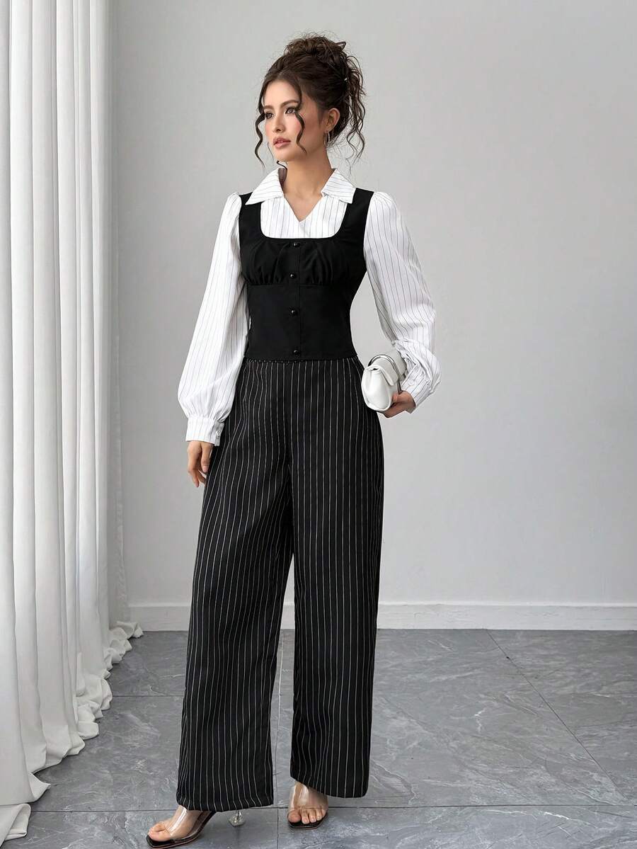 Bộ 2 chiếc áo sơ mi sọc đen trắng cho bé gái tuổi teen có thiết kế cổ polo tay dài + quần ống đứng cạp cao sọc đen thường ngày, phù hợp mặc hàng ngày, đi làm, những dịp trang trọng, công sở - Đen và trắng - Xem 1