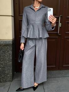 Siren Gaze 2 piezas Conjunto de traje de lana en tono gris Traje de oficina elegante con blazer que define la cintura y pantalones, Conjunto de atuendos de oficina para mujer, Atuendos casuales de negocios, Conjunto de 2 piezas, Traje de mujer de 2 piezas, Ropa de otoño e invierno elegante para mujer