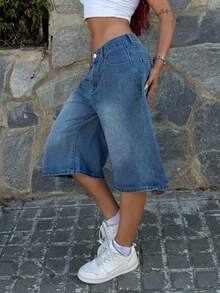 Bearsaez 女士简约纽扣前口袋牛仔短裤，休闲日常穿着 - 藍色 - 查看 6