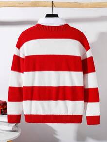 SHEIN Tween Boy 条纹贴花圆领长袖毛衣 - 紅白色 - 查看 2