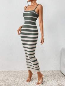 EURMUSE Women's Contrast Color Striped Camisole Sweater Dress - Mint Green - View 3