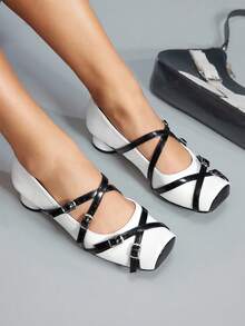 CUCCOO GRLICON 女式交叉带方头粗低跟朋克风格黑白仿皮玛丽珍芭蕾平底鞋，适合万圣节、圣诞节、秋季派对穿着 - 黑與白 - 查看 1