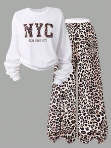 2 件套少女豹纹长袖圆领运动衫 + 宽松豹纹裤，街头休闲舒适装，秋冬 - 白色 - 查看 3