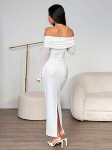 SHEIN PETITE Váy dài tay ôm dáng vải jacquard họa tiết hở vai màu mơ, thích hợp cho những buổi hẹn hò lãng mạn và kỳ nghỉ, váy tốt nghiệp màu trắng - trắng - Xem 2