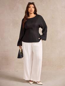 Elegantrix Blusa casual francesa de cuello redondo, cintura ceñida y mangas abullonadas para mujer de talla grande, otoño/invierno - Negro - Ver 4