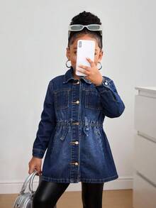 SHEIN 少女海军蓝牛仔翻领长袖长夹克 - 深色水洗藍 - 查看 6