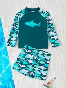 SHEIN Fantacosmos Conjunto de traje de baño con estampado de tiburón de dibujos animados para niño pequeño, adecuado para la playa y la natación - Multicolor - Ver 7