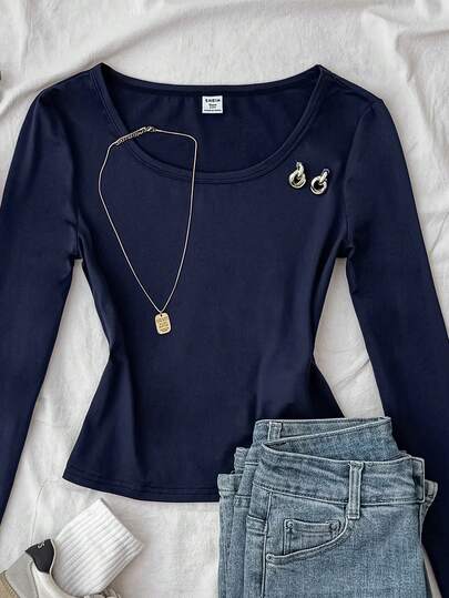 SHEIN Camiseta de manga larga ajustada para niña de cuello redondo y manga raglán en azul marino y azul zafiro, de estilo minimalista casual para primavera/otoño