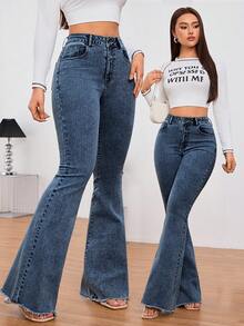 SHEIN Tall 女式休闲水洗修身喇叭牛仔裤 - 藍色 - 查看 3