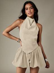 MISSGUIDED Halter Neck Two Piece Coord Set With Backless Top And Ruffle Skirt For Summer Occasions