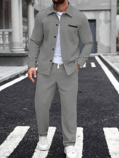 Manfinity Homme Men's Pocket Shirts & Elasticated Waistband Pants 2 Pieces Men Outfit Men Suit Set Grey, For Winter