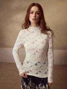 MOTF PREMIUM WOMEN'S ELEGANT LACE TRIM MOCK NECK LONG SLEEVE TEE, VERSATILE FOR AUTUMN/WINTER - Apricot - View 4