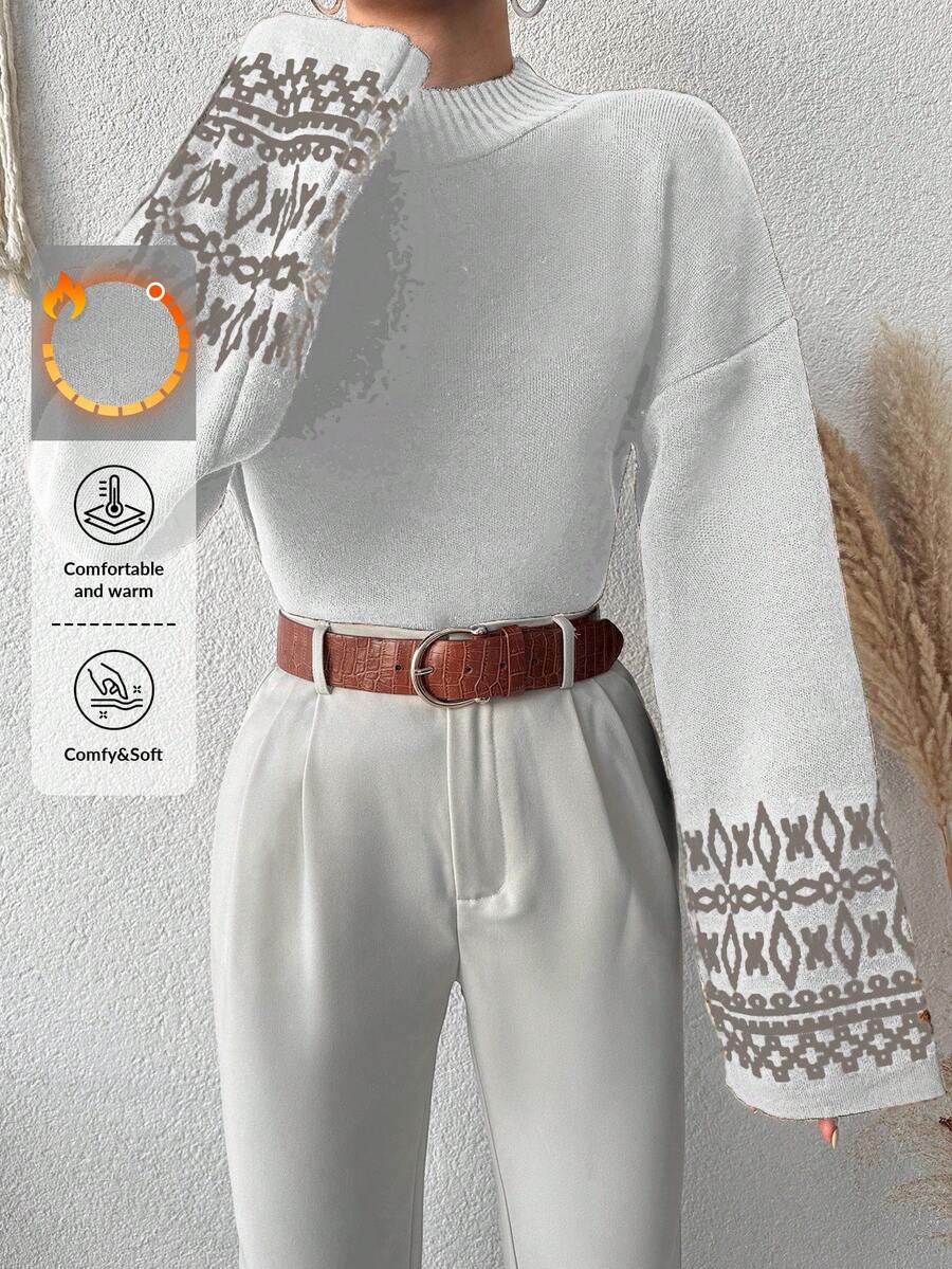 EURMUSE Women's Geometric Pattern Oversized Sweater With Drop Shoulder Design - Beige - View 1