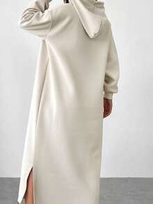 SHEIN EZwear Robe en tricot à capuche avec manches longues et épaules tombantes, cordon de serrage et poches, couleur abricot, vêtements d'automne et d'hiver pour femmes, robe à capuche, robe oversize, robe Sweat-shirt, Sweat-shirt oversize pour femmes, vêtements d'automne pour femmes - Nude - Voir 7