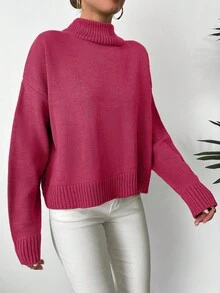 EURMUSE Women's Solid Color Turtleneck Long Sleeve Sweater - Hot Pink - View 5