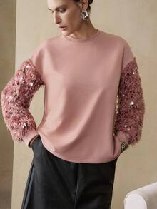 Arave Women's Imitation Rabbit Fur Beads Off The Shoulder Long Sleeve Thread Modern Party Round Neck Sweatshirt - Pink - View 2