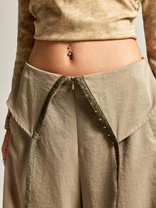 Easelle Casual Pleated Metal Decorative Military Style Vintage Nomadic Wide Leg Sexy Low Waist Women Pants