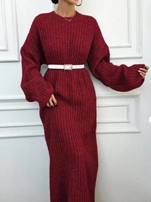 EURMUSE 女士纯色休闲针织毛衣裙，简约时尚，适合日常穿着 - 酒紅色 - 查看 5