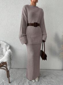 EURMUSE Solid Color Drop Shoulder Sweater And Woolen Skirt - Mocha Brown - View 3