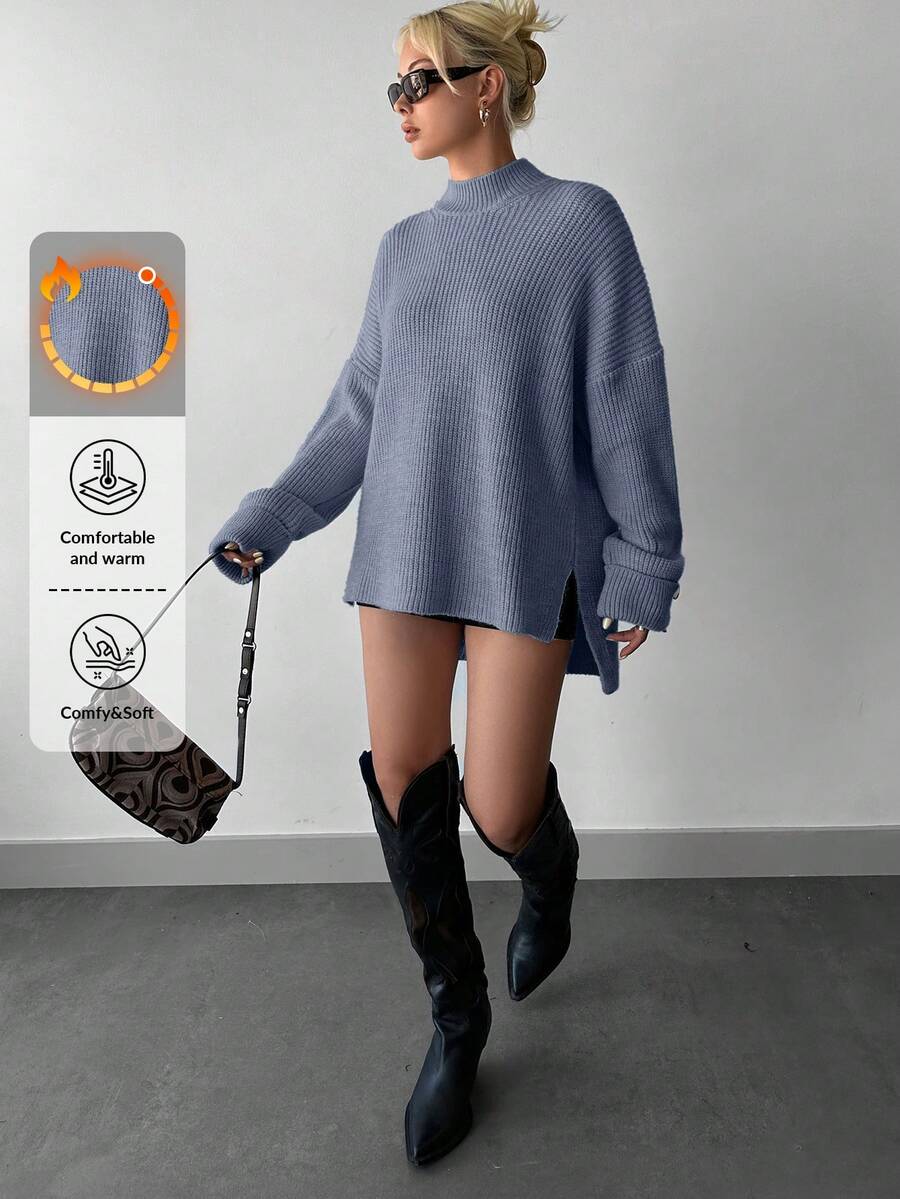 EURMUSE Stand Collar Drop Shoulder Long Sleeve Women's Sweater With Front Short Back Long Design - Grey - View 1