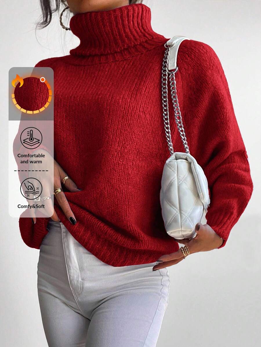 RueChic Turtleneck Raglan Sleeve Sweater - Red - View 1