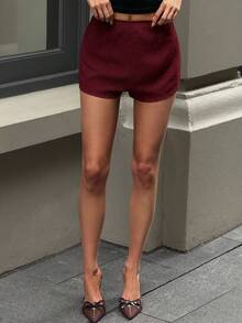 Aloruh 女士秋冬高腰粗花呢短裤，优雅通勤外出，酒红色 - 酒紅色 - 查看 3