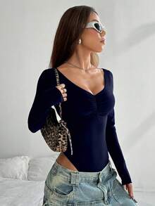 Flirla 1pc Women's Sexy Deep V-Neck Off-Shoulder Solid Color Ruched Bodysuit - Navy Blue - View 4