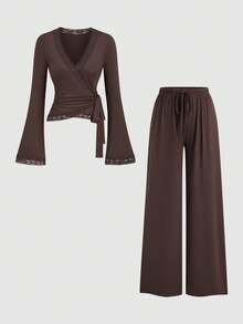 Sweetra Women's Coffee Brown Lace Trim V-Neck Criss-Cross Tie Waist Long Sleeve Straight Leg Pants Elegant 2 Pieces Set, Autumn/Winter - Coffee Brown - View 1