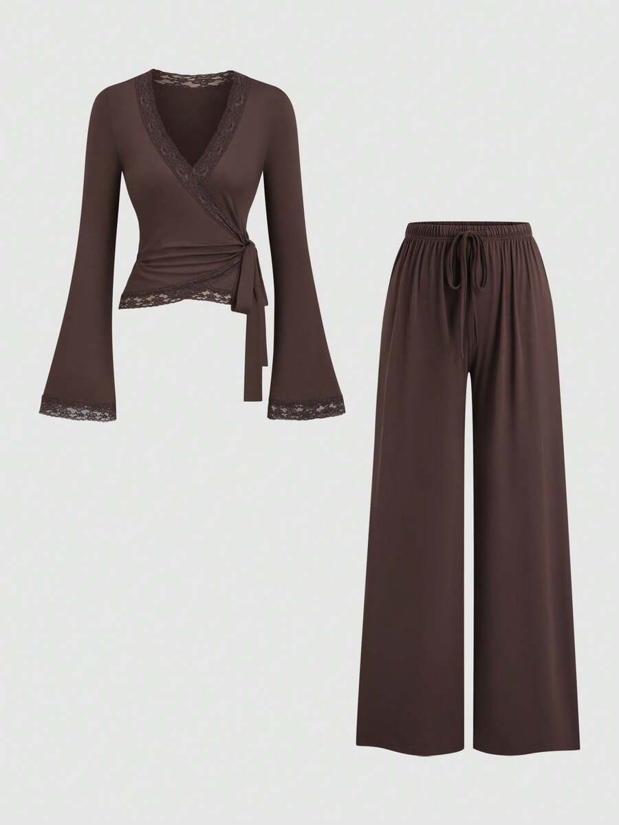 Sweetra Women's Coffee Brown Lace Trim V-Neck Criss-Cross Tie Waist Long Sleeve Straight Leg Pants Elegant 2 Pieces Set, Autumn/Winter - Coffee Brown - View 1