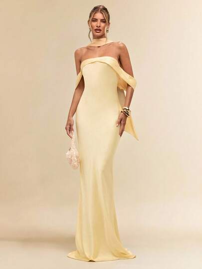 SHEIN BAE 女式性感简约纯黄色缎面不对称垂坠领优雅鱼尾裙，适合派对、庆典、正式场合、伴娘礼服、生日迷你裙、商务休闲、露背缎面优雅超长裙