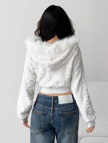 SHEIN Chaqueta deportiva de estilo retro y callejero para niña, con cuello de piel blanca, cremallera, textura de punto y bordado en color blanco y contraste, para otoño e invierno - Blanco - Ver 3