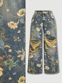 SHEIN MOD Plus Size Vintage Floral Print Distressed Wide Leg Jeans Floral Print Jeans Printed Jeans Distressed Jeans Women's Vintage Floral Print Ripped Wide Leg Jeans For A Stylish Casual Look Autumn Outfits For Women Beach Outfits For Women Casual Jeans For Women