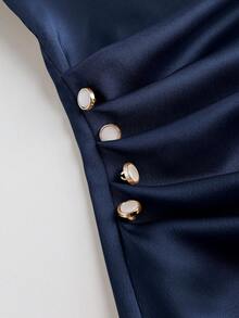 GlowEve CURVE Plus Size Women's Shiny Fabric Long Sleeve Shirt, Versatile For Commuting, Side Pleated Design With Buttons - Navy Blue - View 3