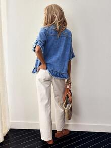 Breezaya 女式流苏喇叭袖单排扣荷叶边休闲牛仔夹克 - 中等水洗藍 - 查看 2