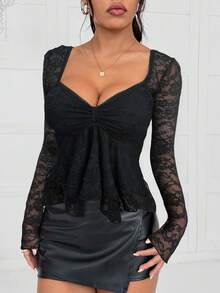 SHEIN EZwear 2025 New Autumn/Winter Women's Elegant Casual Sexy Bohemian Style Asymmetric Hem Black Lace T-Shirt Blouse, Halloween Costume, Christmas, Party Wear, Suitable For Elegant Women,Black Top - Black - View 7