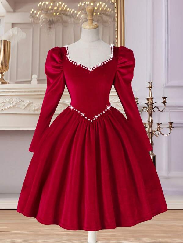 Mädchen Vintage Palast Stil Burgund Samt Perlen Dekor Quadratischer Kragen Puffärmel Taillengegürtetes Kleid, geeignet für Abendgala, Weihnachtsparty und andere Anlässe
