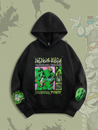 TEENAGE MUTANT NINJA TURTLES X ROMWE Sudadera con capucha de felpa de ajuste holgado con estampado de tortuga y eslogan casual para hombre, otoño/invierno