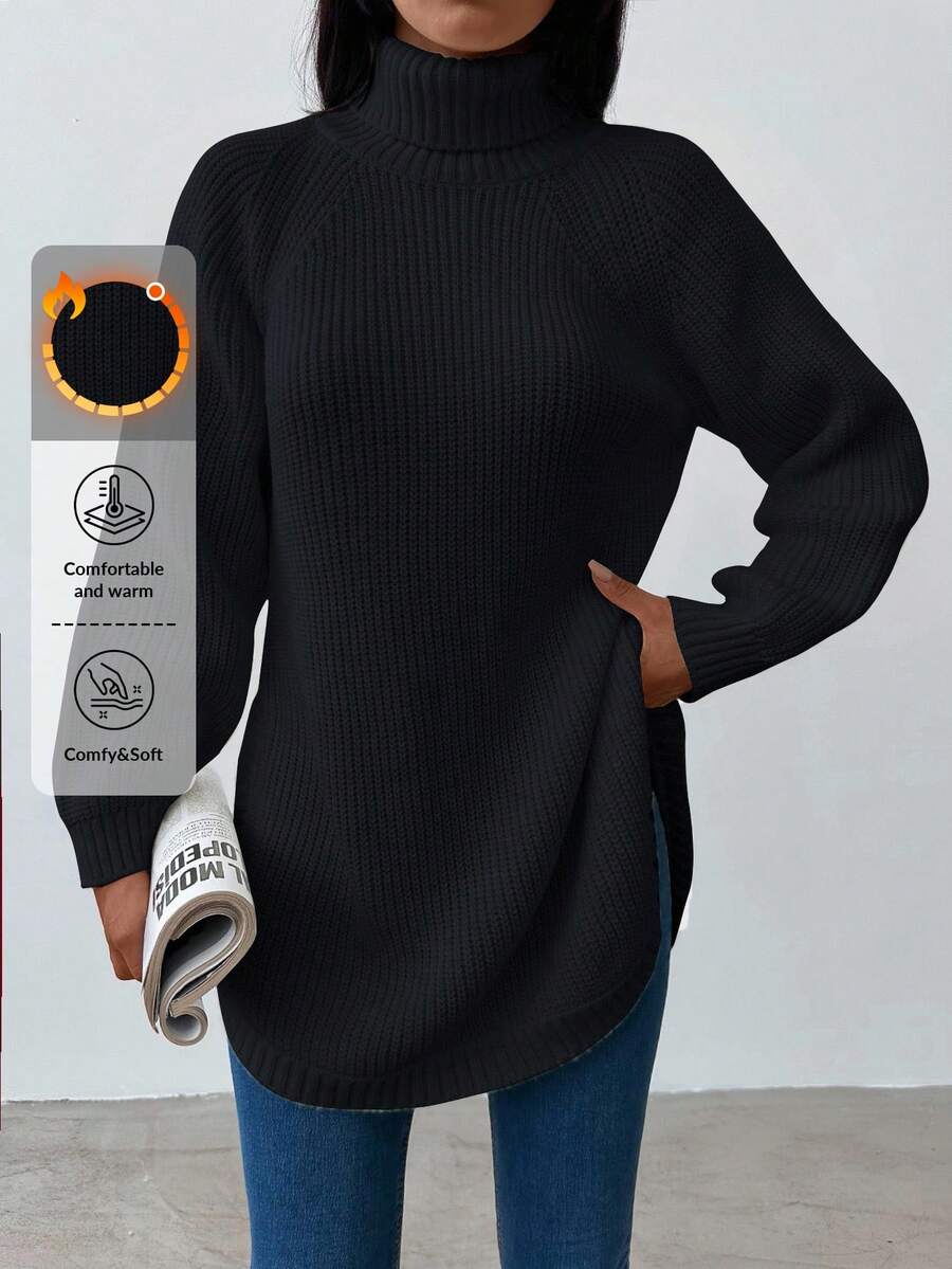 EURMUSE Solid Color High Collar Drop Shoulder Sleeve Sweater - Black - View 1
