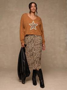 SHEIN VCAY Setelan 2 Potong Atasan Motif Leopard & Bintang dan Rok Motif Leopard Ukuran Besar, Kasual untuk Musim Gugur, Sepatu Bot Western, Rok Motif Leopard, Atasan Motif Bintang - Khaki - View 5