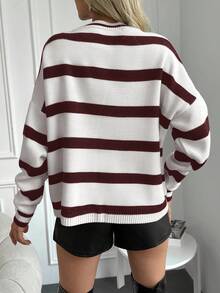 SHEIN Cottnline 女士条纹圆领落肩长袖休闲宽松毛衣，秋冬 - 酒紅色 - 查看 6